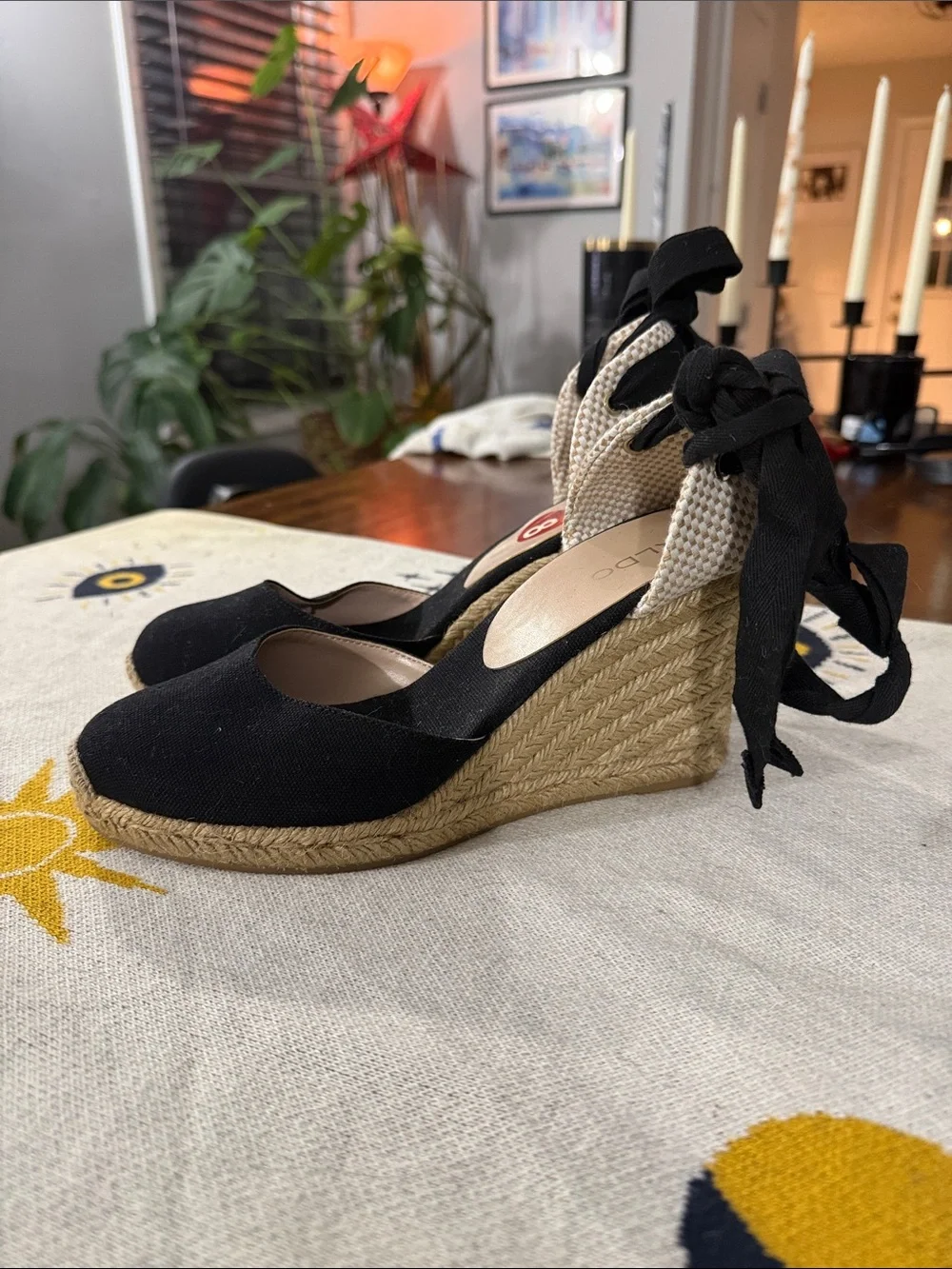 ALDO Black Espadrille Wedge Sandals with Ankle Tie Detail